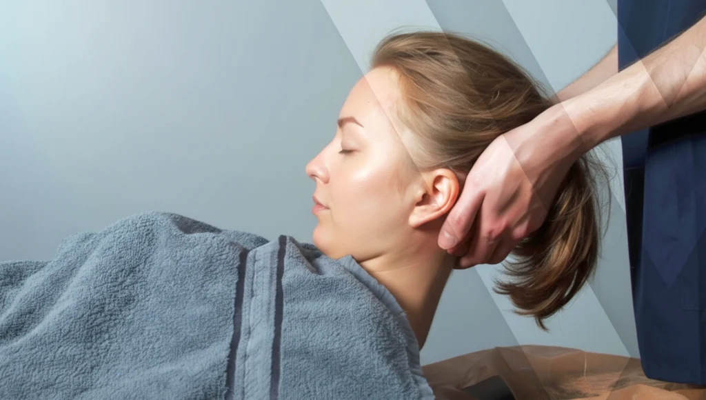 Frau entspannt bei Atlastherapie – sanfte Behandlung im Nackenbereich.