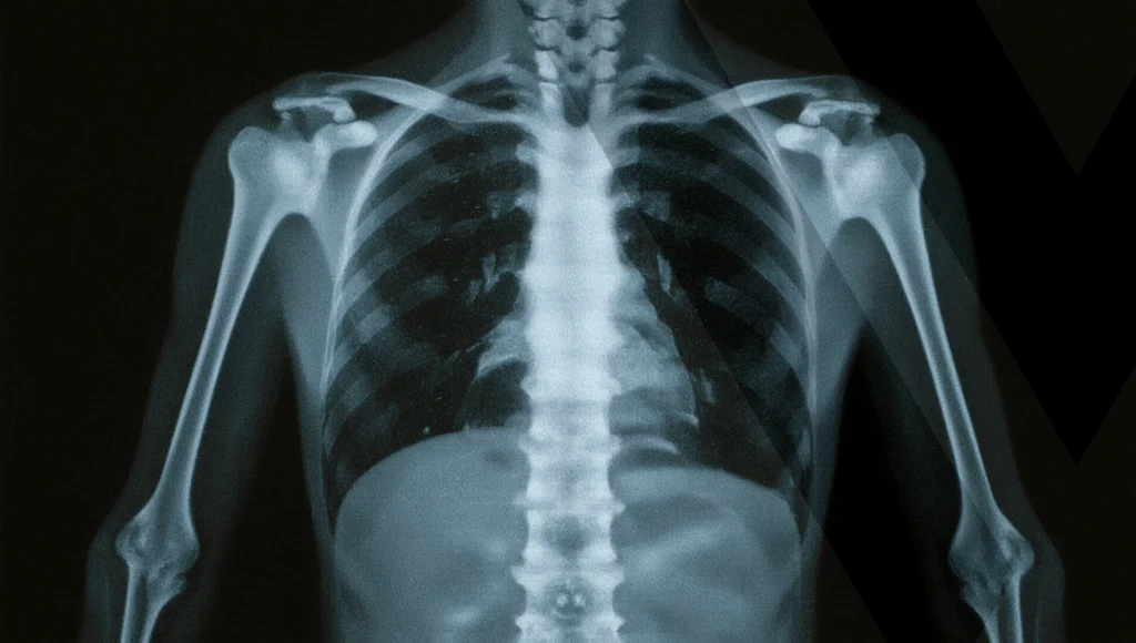 Röntgenaufnahme des Brustkorbs und der Wirbelsäule – orthopädische Diagnostik.