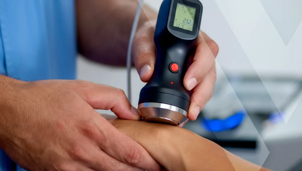 Medizinisches Gerät für Stoßwellentherapie in Anwendung am Handgelenk.